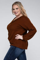 Zenana Plus Brushed Waffle V-Neck Button Detail Sweater ZENANA