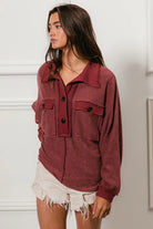 BiBi Marsala French Terry Cut Edge Detail Collared Long Sleeve Top