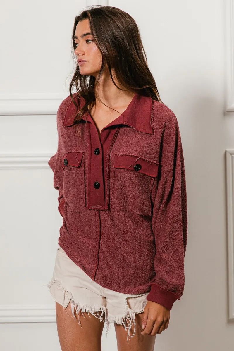 BiBi Marsala French Terry Cut Edge Detail Collared Long Sleeve Top