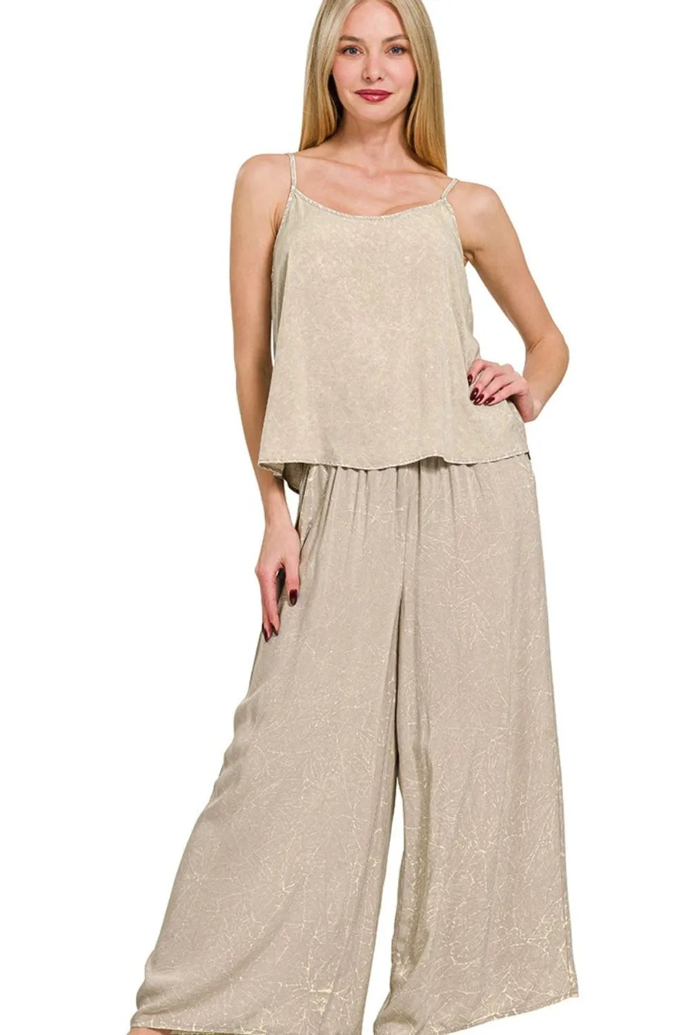 Zenana Ash Mocha Woven Acid Crinkle Washed Cami & Pants 2 Piece Set ASH MOCHA