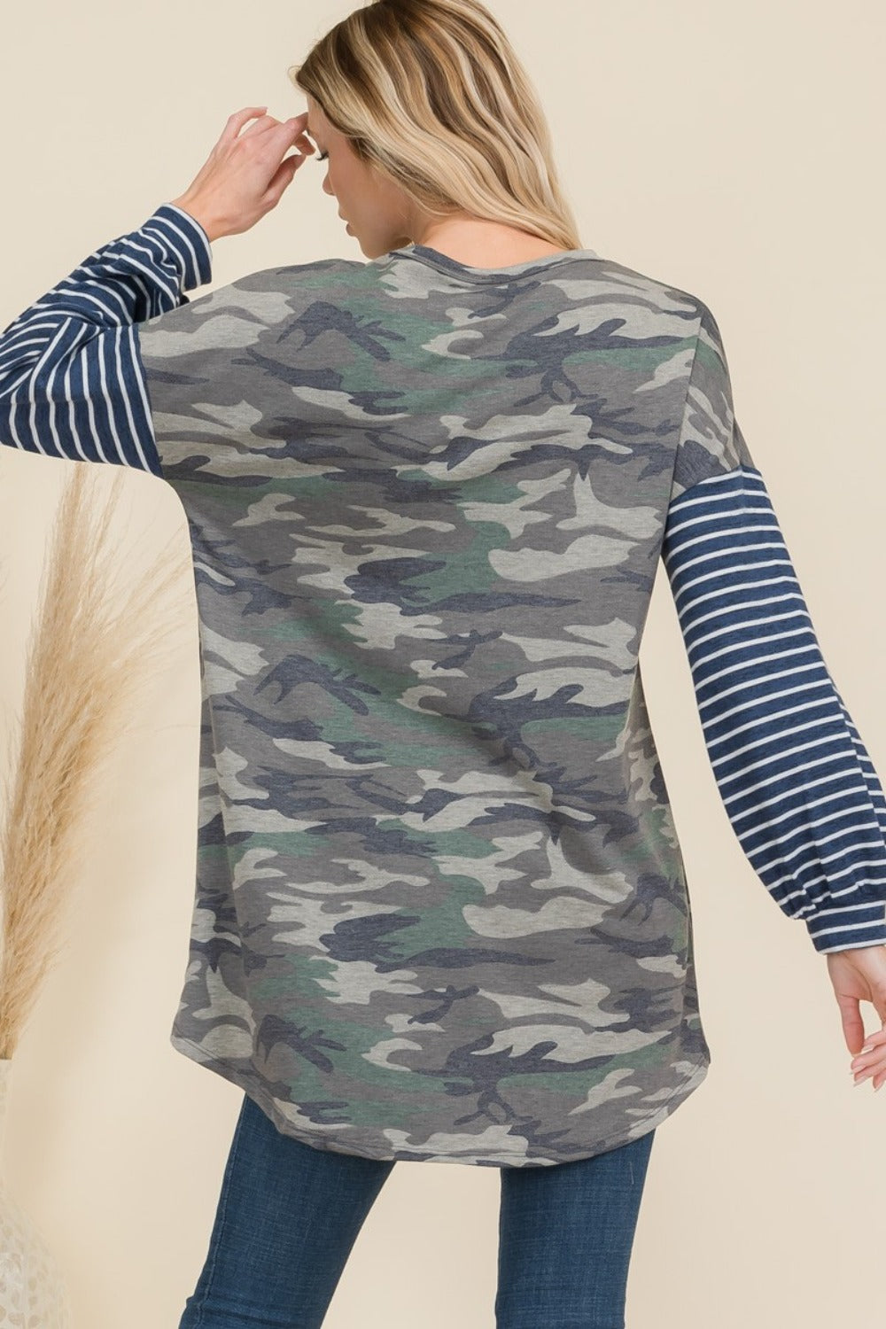 Celeste Camo Print High-Low T-Shirt with Stripe Sleeves