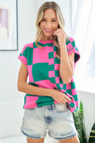 First Love Green & Pink Checkered Drop Shoulder Knit Top Trendsi