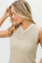 BiBi Oatmeal Knitted Beaded Pearl V Neck Sleveless Sweater Top