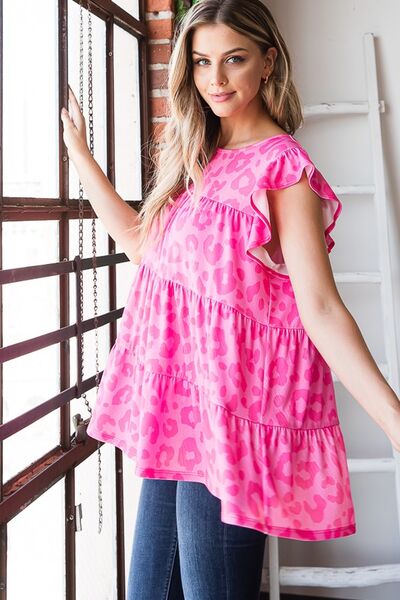 Heimish Fuchsia Tiered Leopard Round Neck Blouse with Ruffled Detail