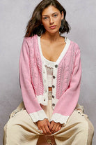 POL Baby Pink Button Down Cable-Knit Cardigan with Contrast Border Accents