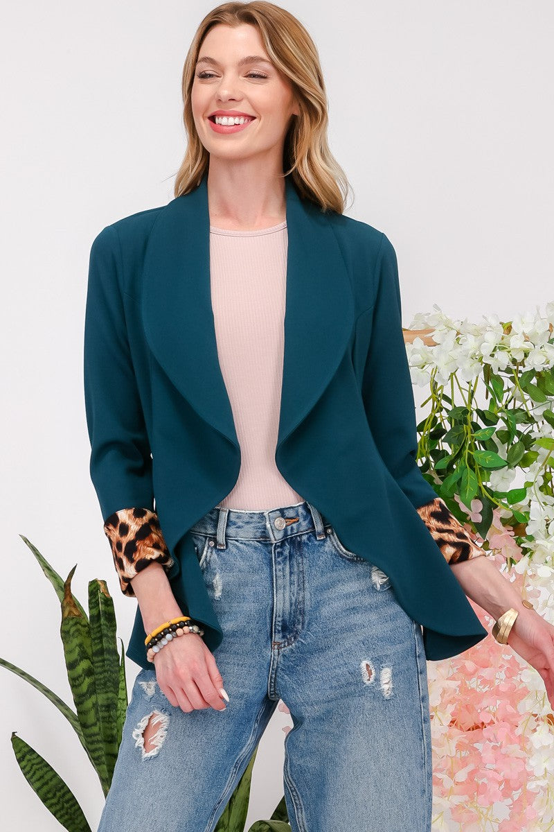 Celeste Hunter Green Rolled Leopard Cuff Open Front Blazer Trendsi