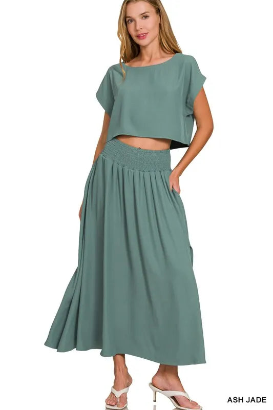 Zenana Ash Jade Heavy Woven Span Crop Tee & Skirt Set ASH JADE
