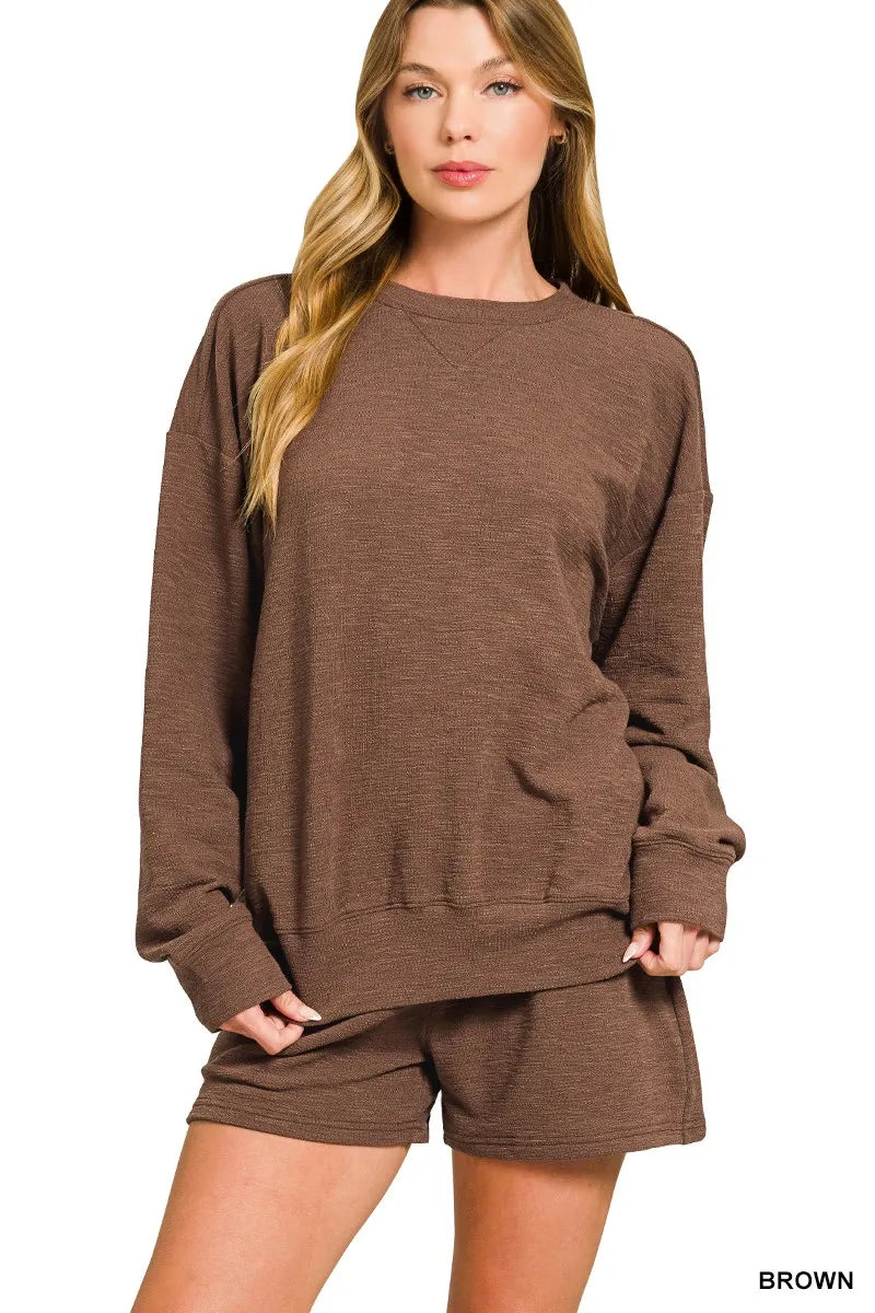 Zenana Slub Long Sleeve Top and Shorts Set BROWN