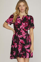 She + Sky Black & Fuchsia Printed Notched Short Sleeve Frill Tiered Dress Black