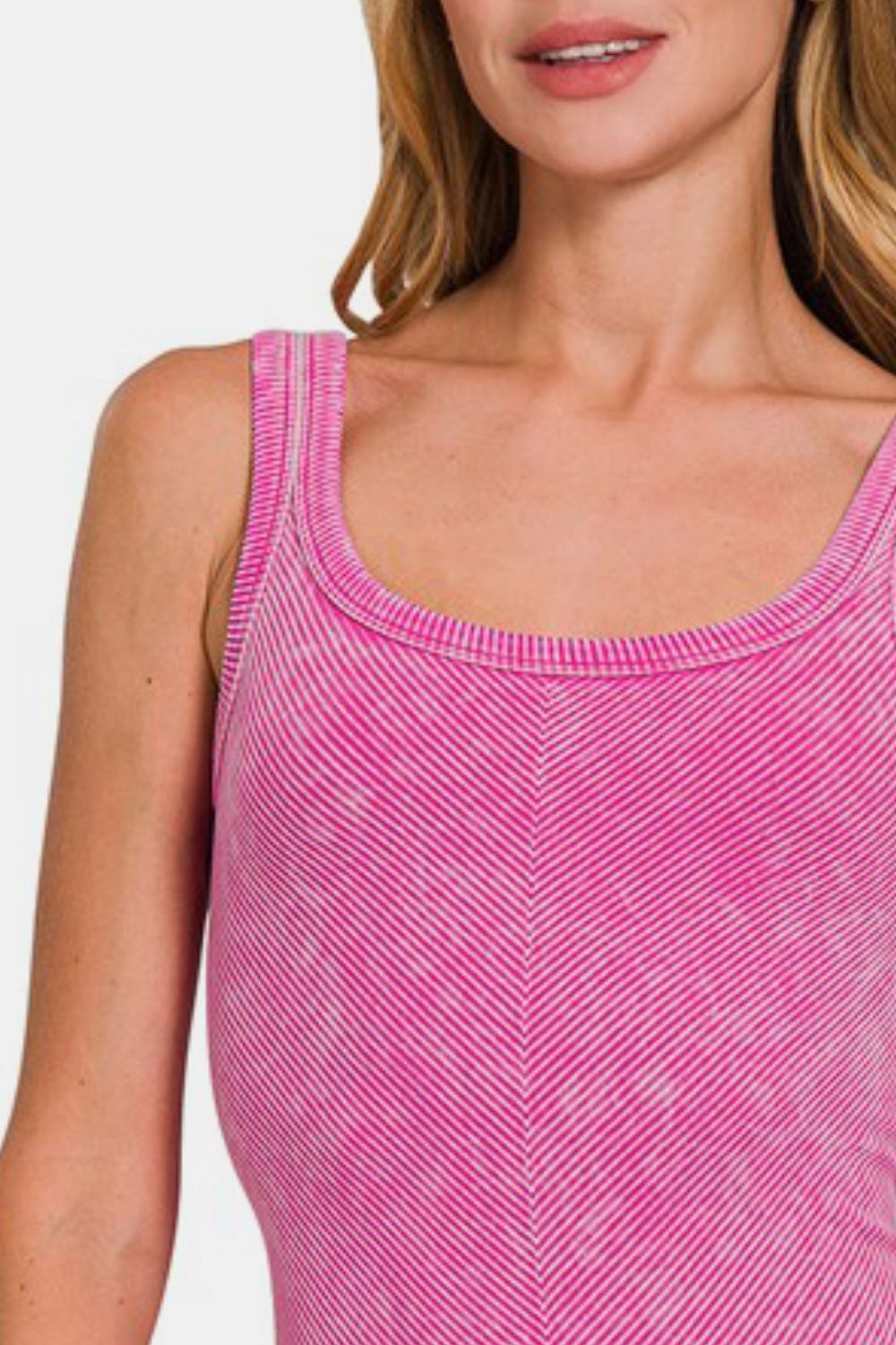 Zenana Hot Pink Stone Washed Ribbed Scoop Neck Tank Top