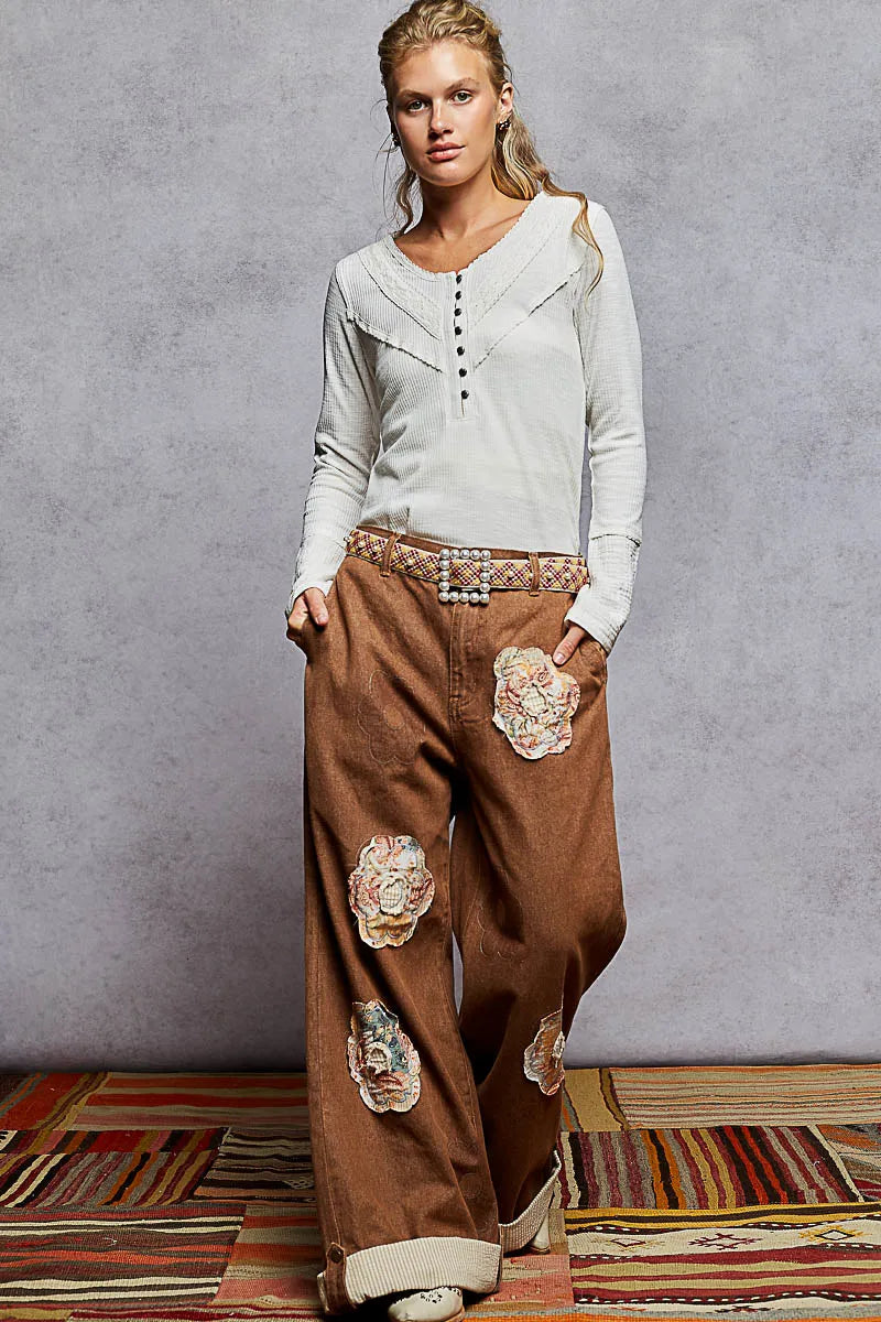 POL Ivory Double Gauze Ribbed Half Button Lace Detail Knit Top