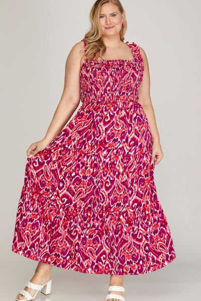 She + Sky Deep Rose Smocked Printed Wide Strap Tiered Dress