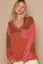 POL V-Neck Knit Panel Exposed Seam Top in Brick Trendsi