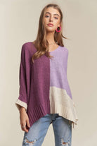 ADORA Deep Purple Side Slit Color Block Long Sleeve Sweater