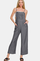 Zenana Washed Adjustable Strap Wide Leg Denim Overalls in Black Black Jumpsuit & Rompers