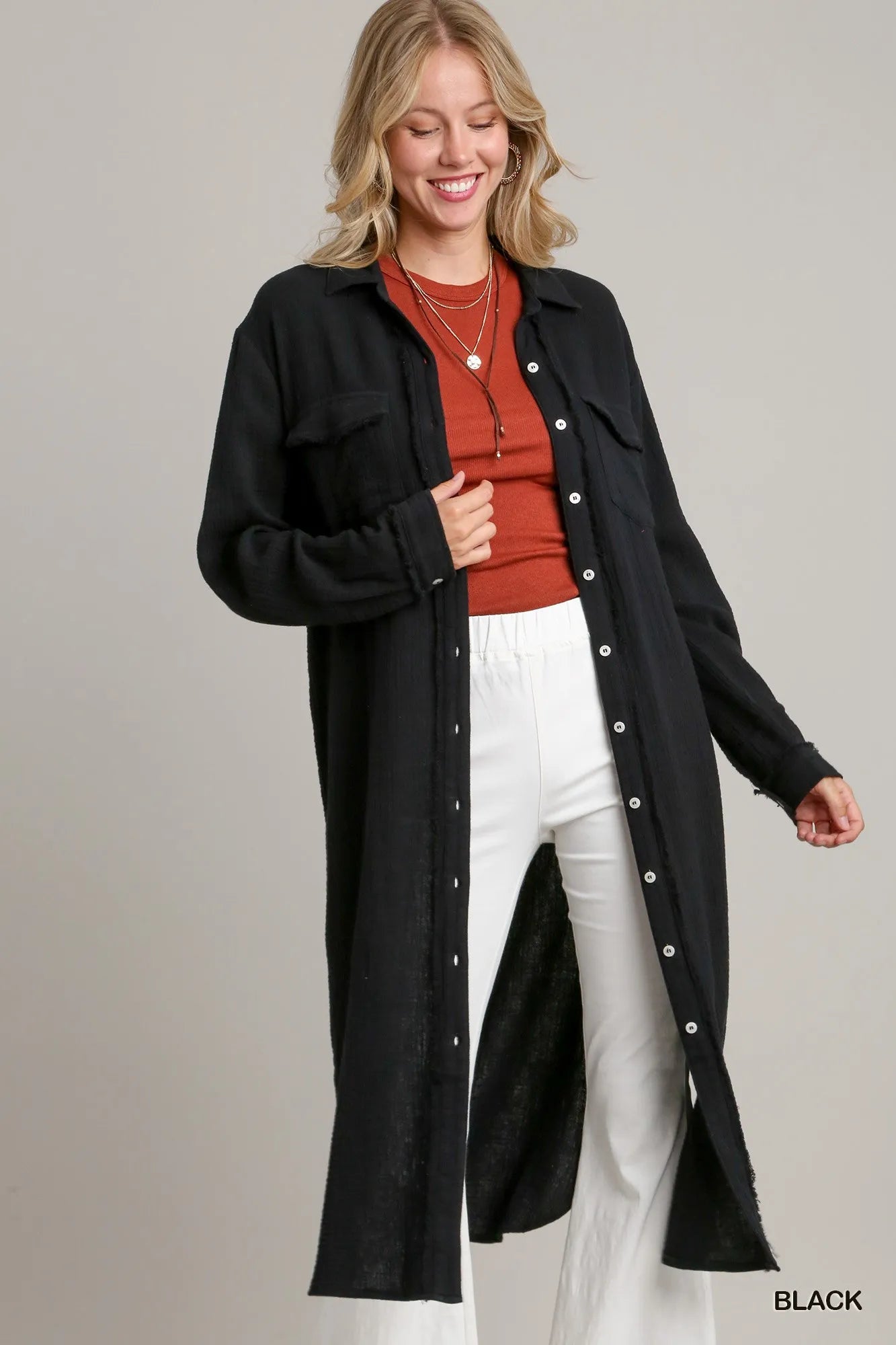 Umgee Black Cotton Gauze Button Down Shirt Dress Black