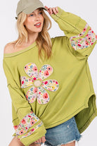 SAGE + FIG Daisy Patch Applique Long Sleeve Sweatshirt Yellow-Green Shirts & Tops