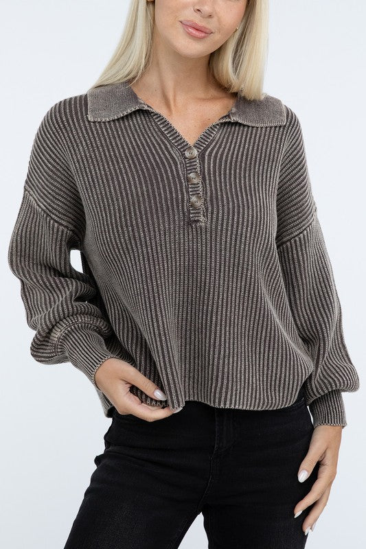 Zenana Washed Collared Henley Sweater in 6 Colors! BROWN ZENANA