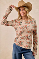 BiBi Taupe Floral Print Washed Waffle Thermal Top with Thumb