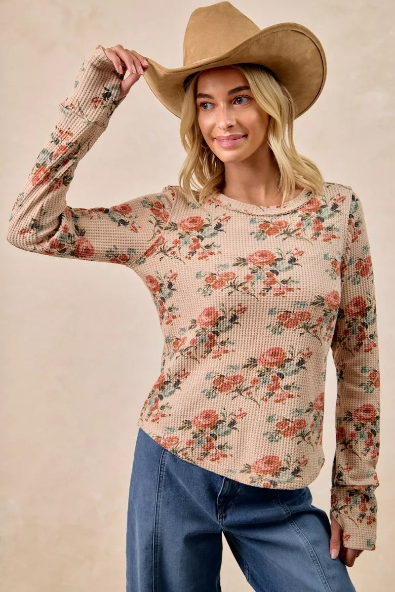 BiBi Taupe Floral Print Washed Waffle Thermal Top with Thumb