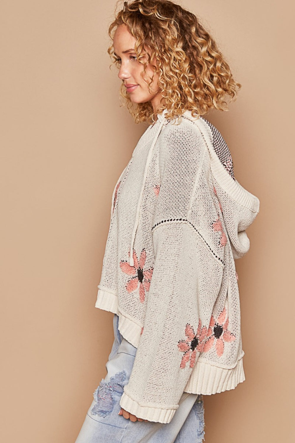 POL Pale Almond Floral Pattern Hooded High-Low Sweater Trendsi