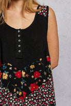 POL Black Round Neck Ribbed Tank with Woven Print Patch