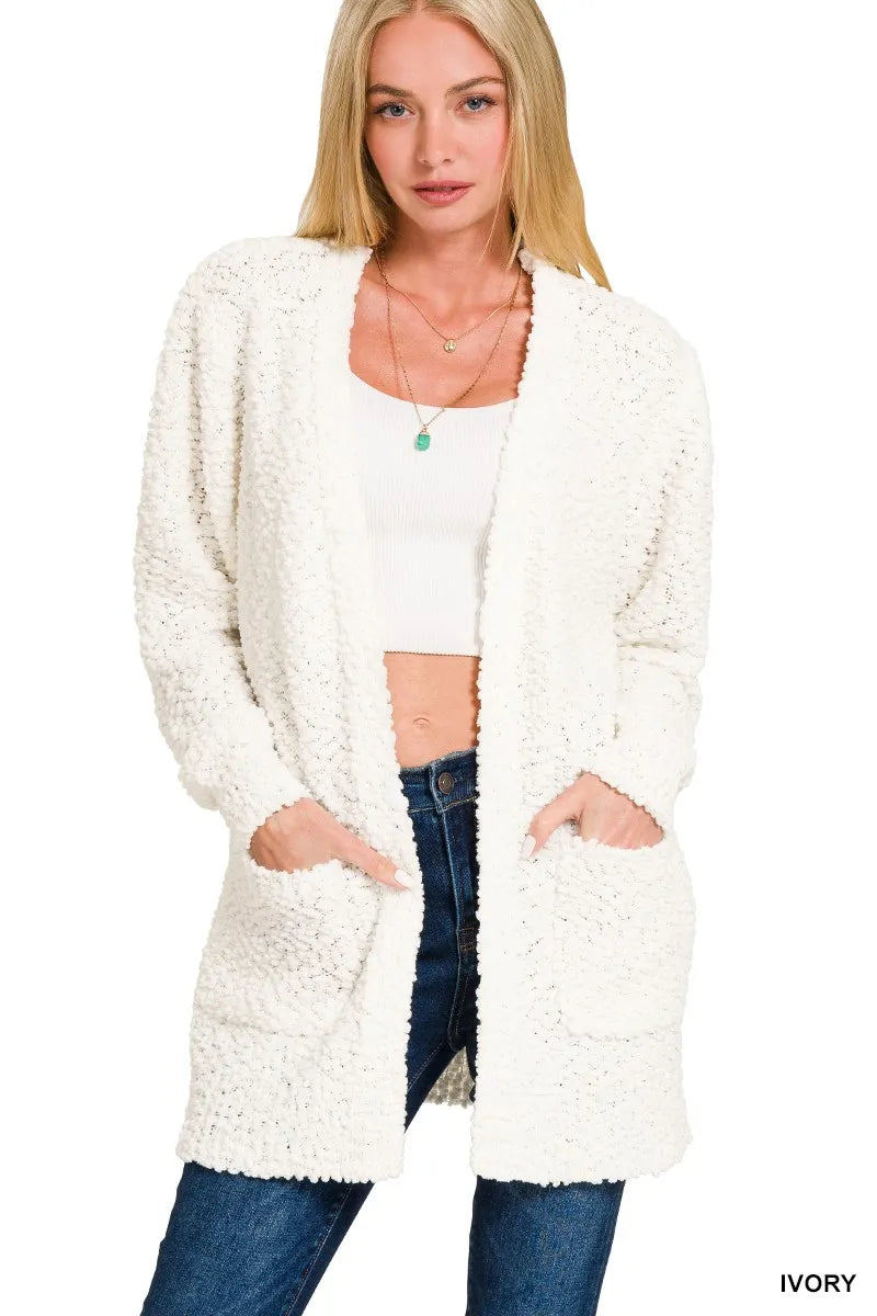 Zenana Ivory Long Sleeve Popcorn Sweater Cardigan with Pockets