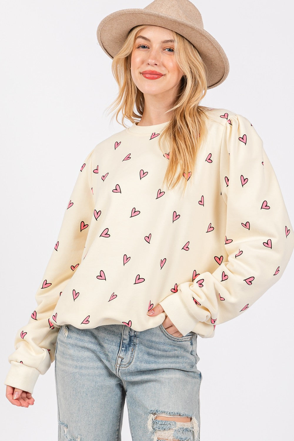 SAGE + FIG Cream Heart Printed Contrast Long Sleeve Sweatshirt Cream