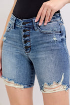 Judy Blue Button Fly Mid Length Denim Shorts W/ Distressing MD
