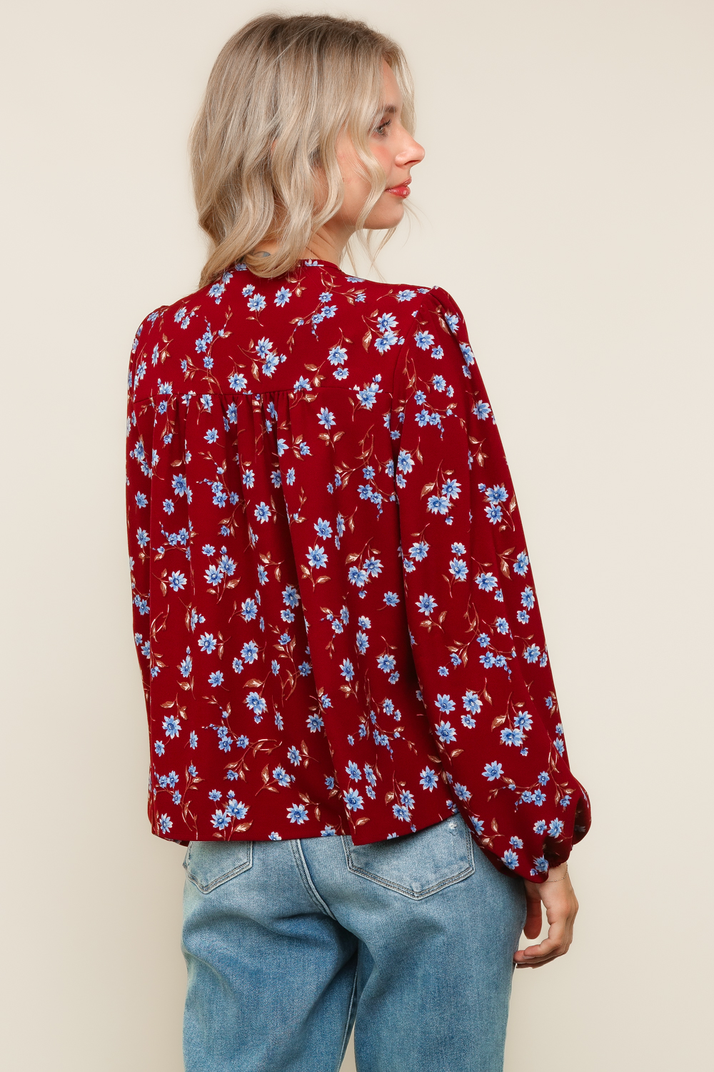 Haptics Burgundy Ribbon Detail Yoke Bubble Long Sleeve Floral Print Woven Blouse
