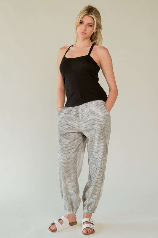 Davi & Dani Light Gray Rhinestone Elastic Waist Joggers Pants