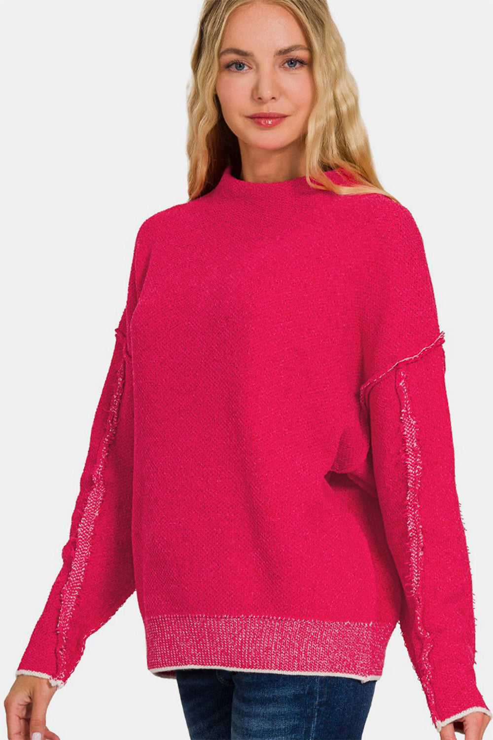 Zenana Viva Magenta Exposed Seam Mock Neck Long Sleeve Sweater Viva Magenta Trendsi