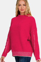 Zenana Viva Magenta Exposed Seam Mock Neck Long Sleeve Sweater Viva Magenta Shirts