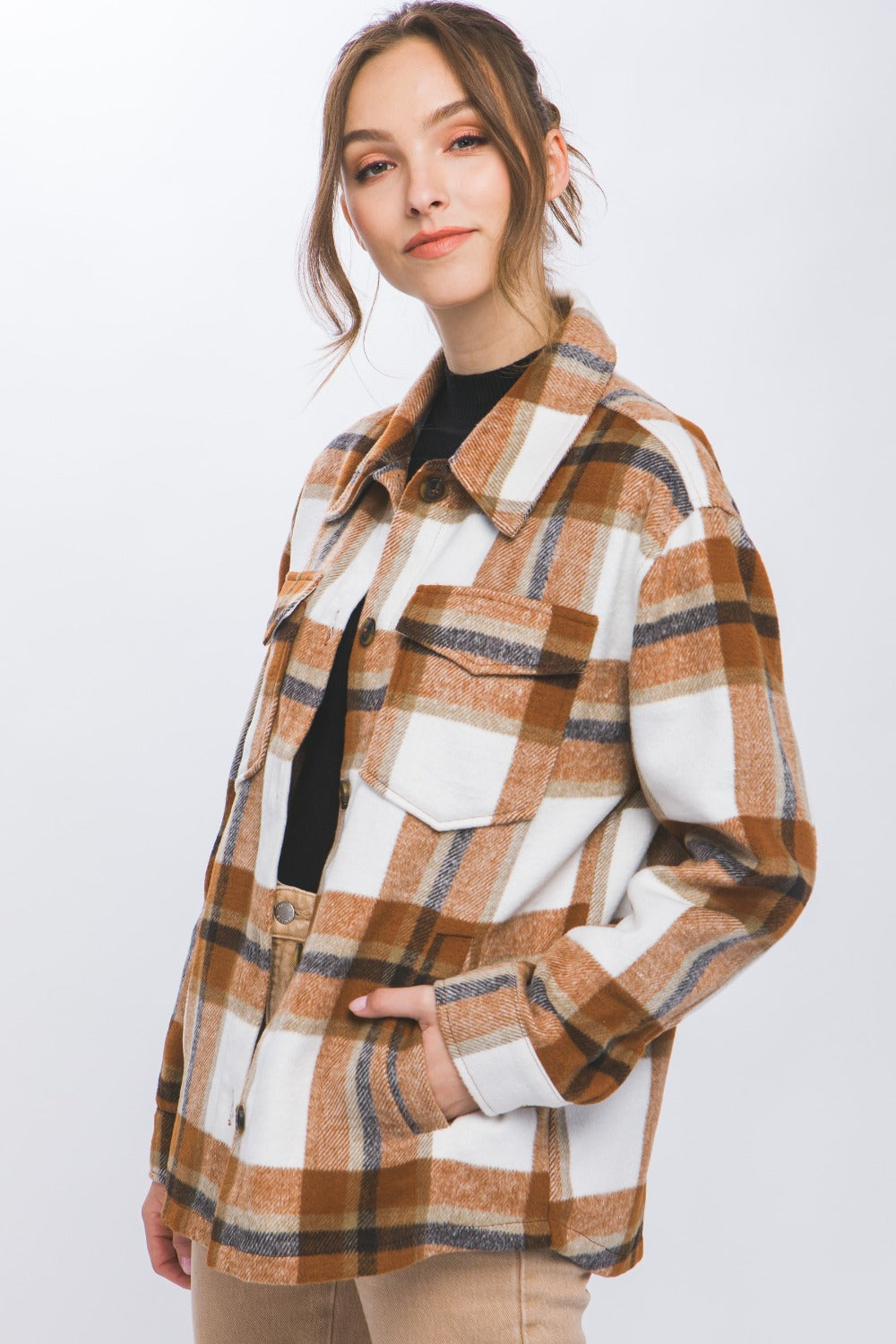 Love Tree Clay Plaid Button Up Shacket Trendsi