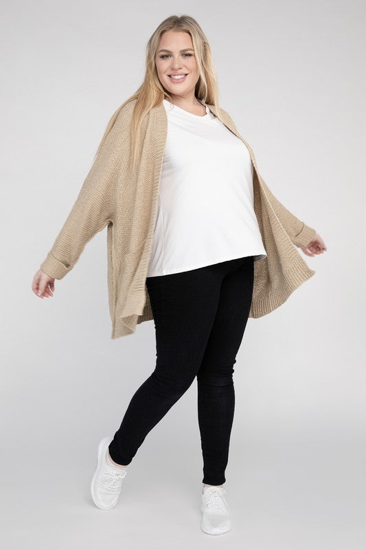 eesome Plus Size Ribbed Knit Open Front Cardigan eesome