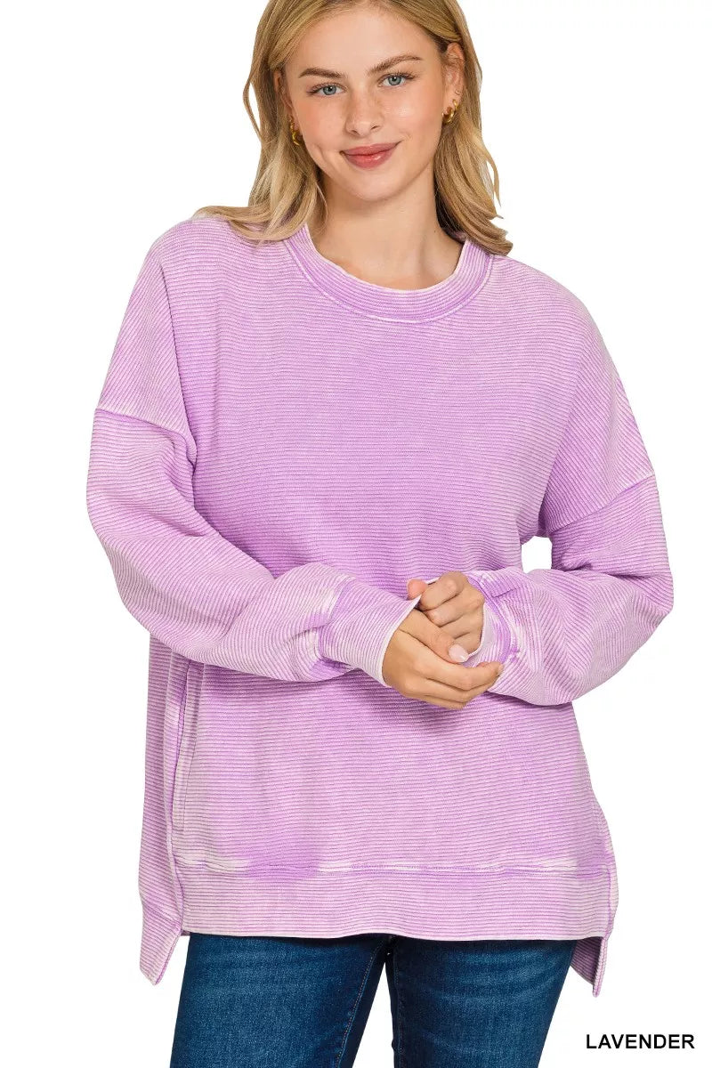 Zenana Lavender Acid Washed Double Ribbed Hi-low Sweatshirt