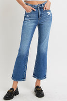 RISEN Dark Washed Tummy Control High Rise Crop Bootcut Jeans Dark