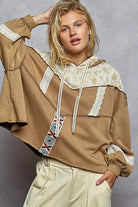 POL Cocoa Drawstring French Terry Hoodie with Gauze Print Patch COCOA