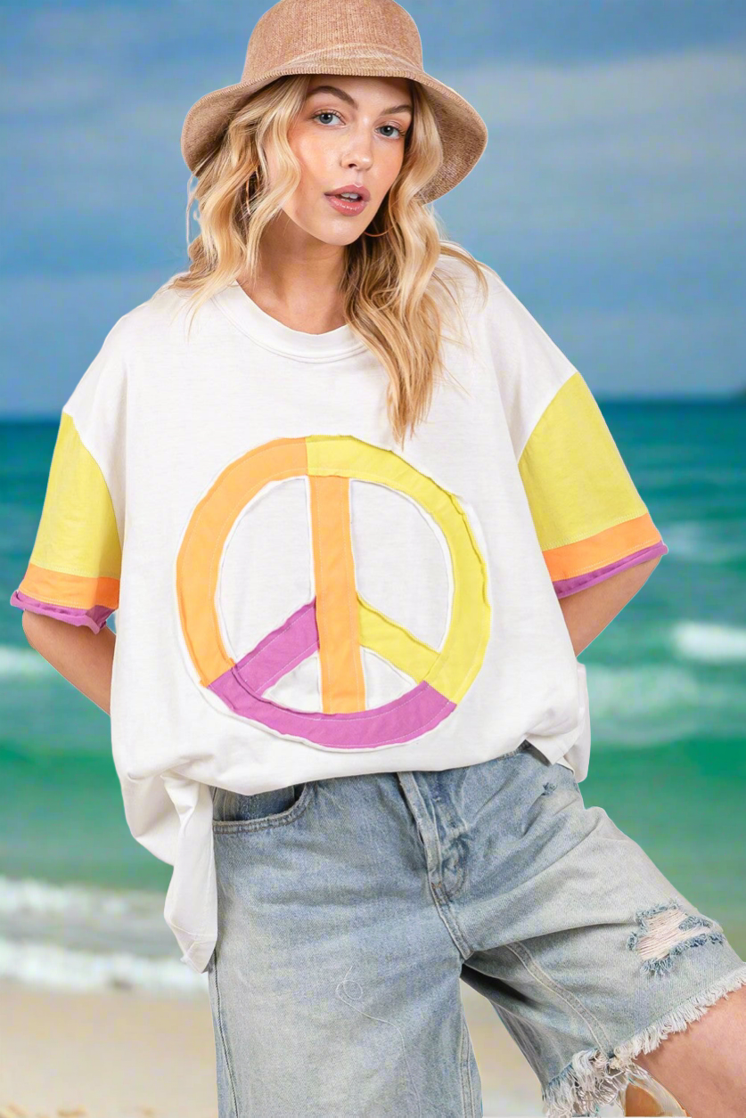SAGE + FIG Color Block Peace Applique T-Shirt Multi Trendsi