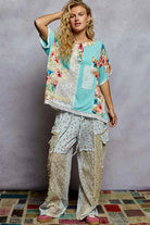 POL Aqua Lace Round Neck Short Sleeve Floral Pattern Top with Patch Detail