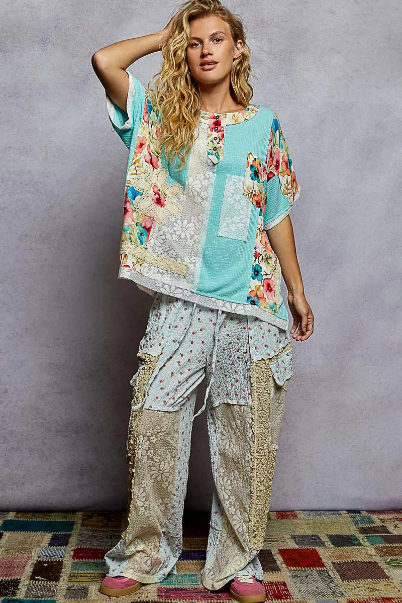 POL Aqua Lace Round Neck Short Sleeve Floral Pattern Top with Patch Detail
