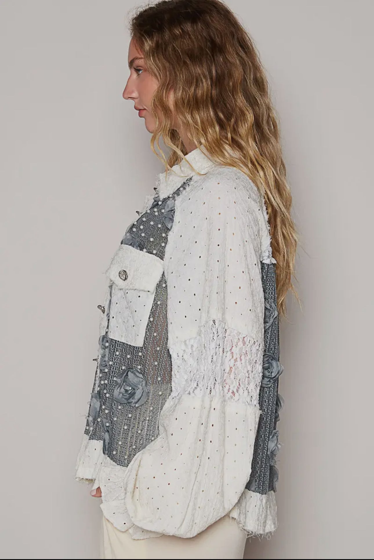 POL Eyelet Flower Pearl Detail Lace Patchwork Shirt in Charcoal and Cream Shirts & Tops