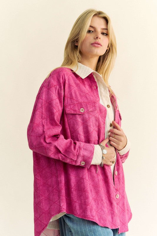 Davi & Dani Hot Pink Curved Hem Diamond Quilted Button Up Denim Shacket Trendsi