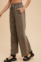 Annie Wear Drawstring Camel Checkered Wide Leg Pants