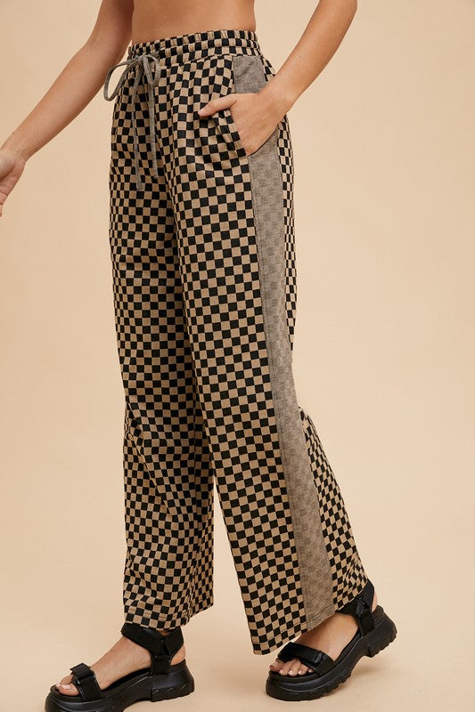 Annie Wear Drawstring Camel Checkered Wide Leg Pants