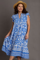 Umgee Blue Two Tone Border Print Ruffle Cap Sleeve Midi Dress