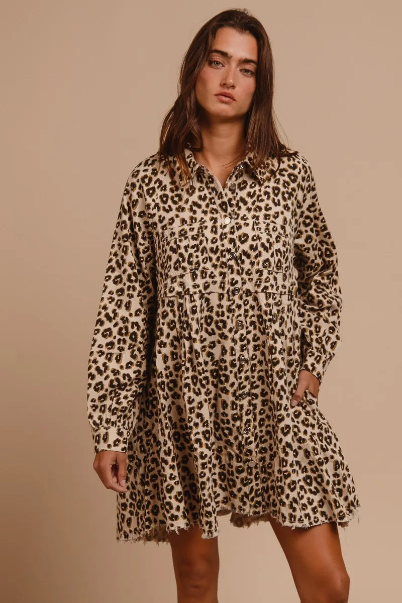 BiBi Oatmeal Washed Denim Button Down Dress with Side Pocket OATMEAL