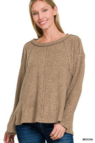 Zenana Brushed Hacci Exposed Seam Hi Low Sweater MOCHA