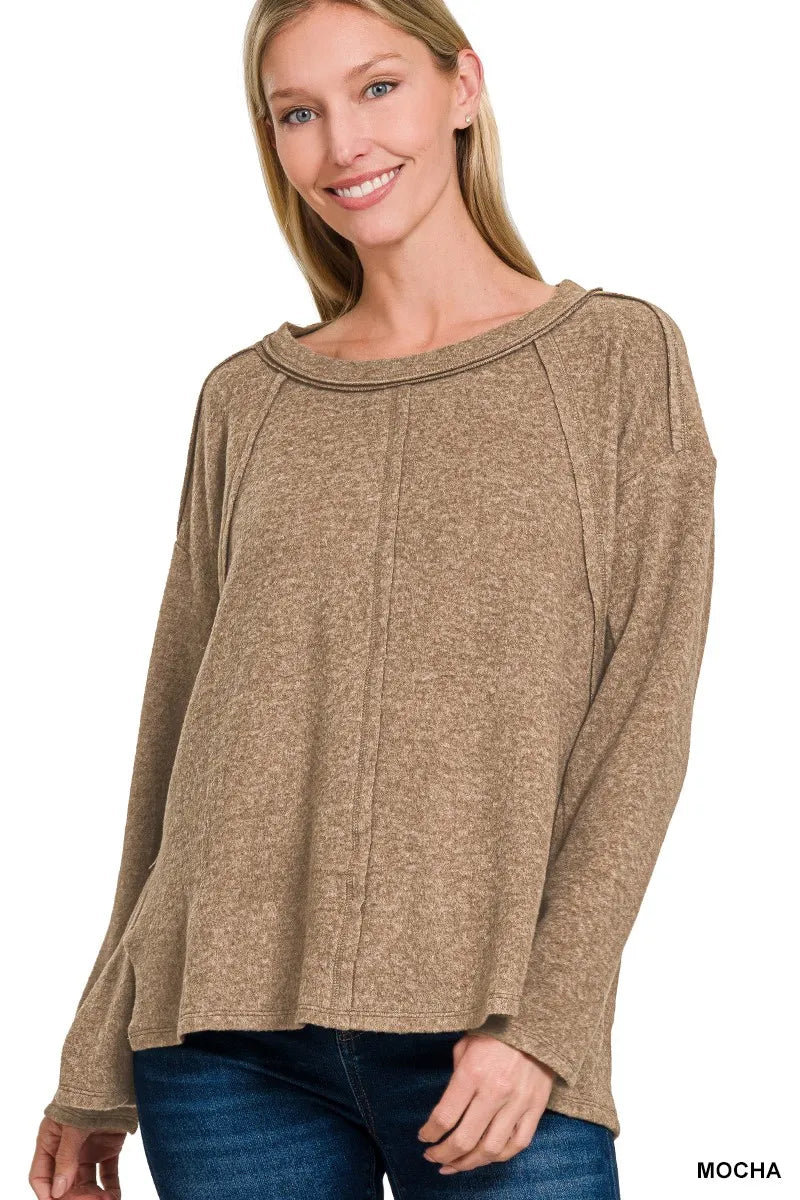 Zenana Brushed Hacci Exposed Seam Hi Low Sweater MOCHA