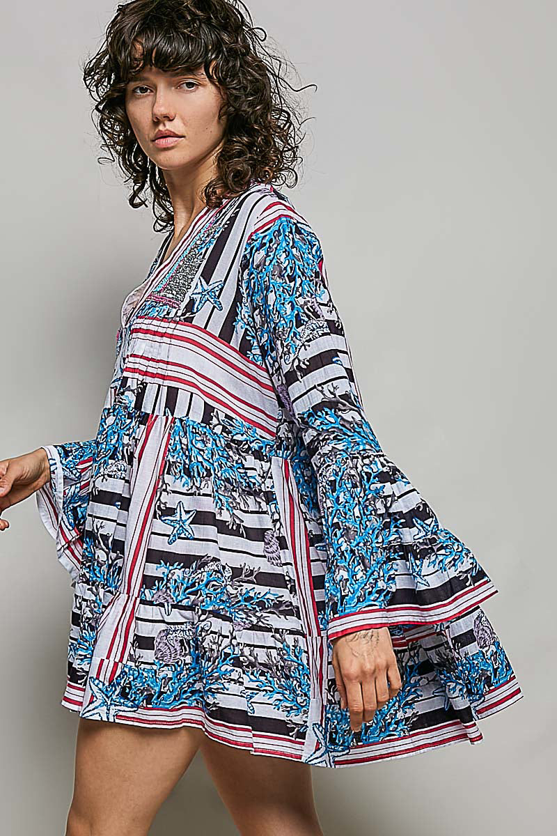 POL Striped Floral Long Sleeve Mini Dress with Pintuck Detail